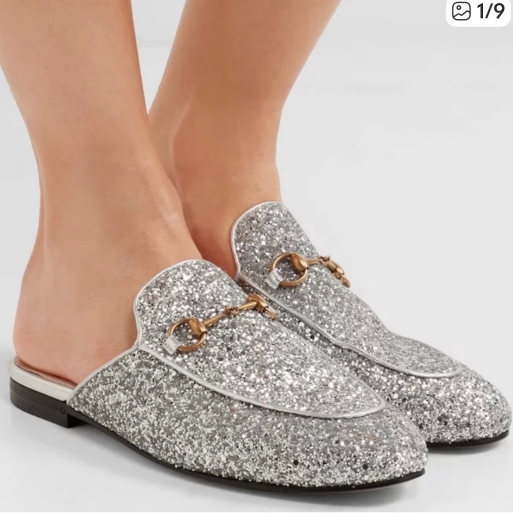 Gucci Silver Glitter Loafers